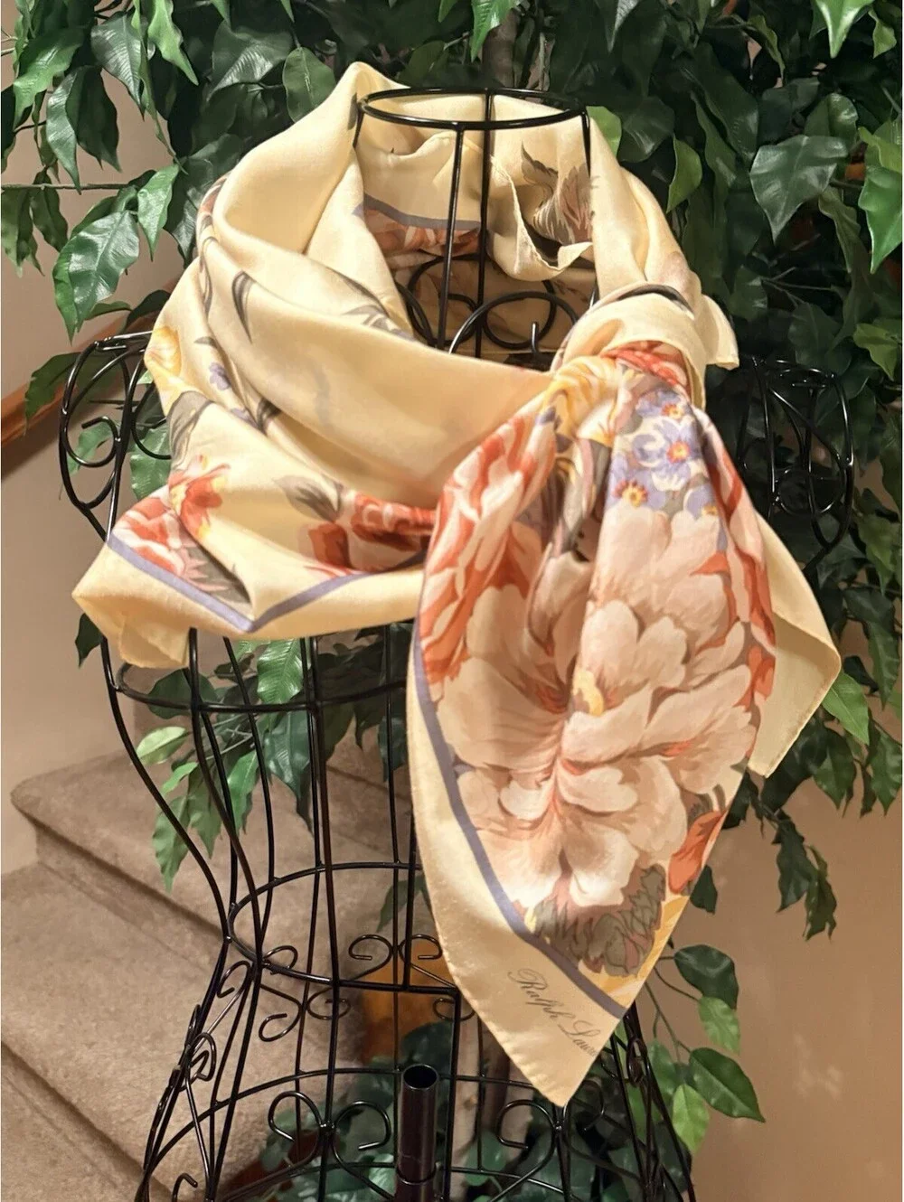 Vintage Polo Ralph Lauren Silk Yellow Floral Scarf 33”x 34” Stunning!
